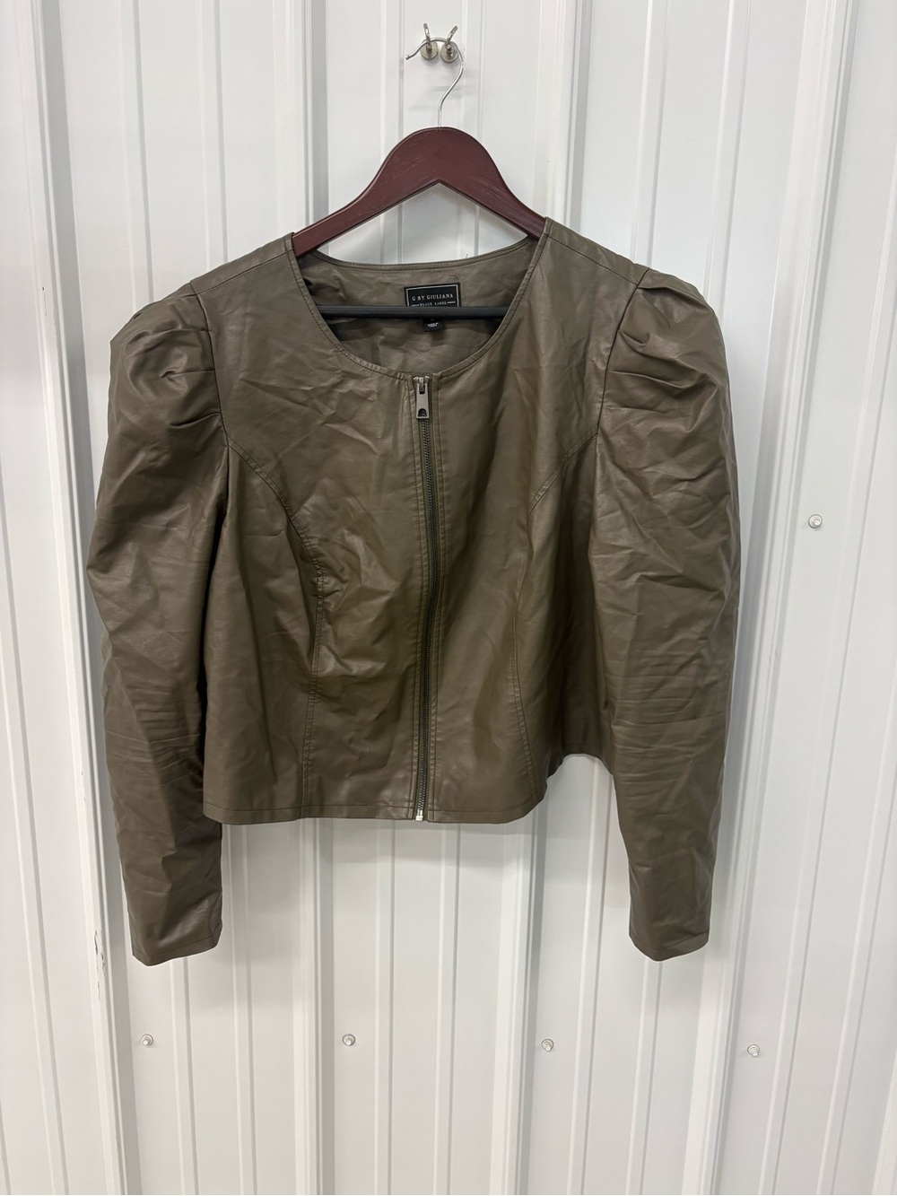 G by Giuliana Olive Faux Leather Puff-Sleeve Zip Jacket